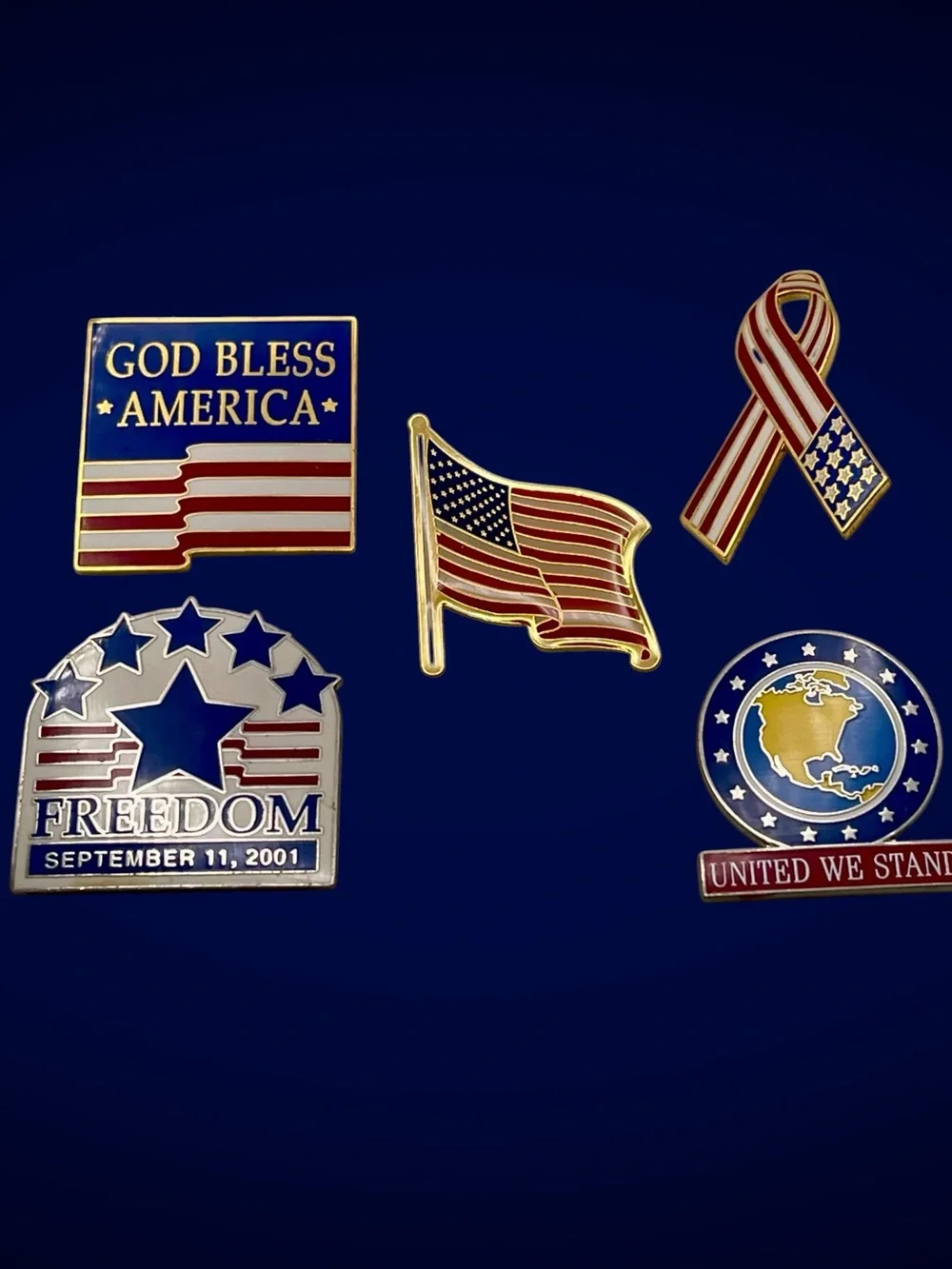 Vintage Patriotic 911 Remembrance Lapel Pin Set 5pc God Bless America Freedom